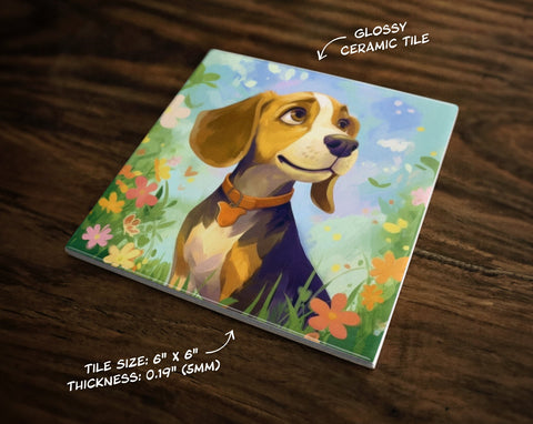 Beagle | Cute Dog Art (#13), on 6" x 6" Glossy Ceramic Decorative Tile, Free Shipping to USA