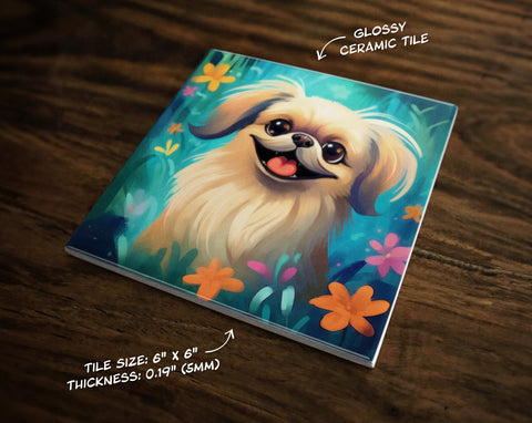 Pekingese | Cute Dog Art (#10), on 6" x 6" Glossy Ceramic Decorative Tile, Free Shipping to USA