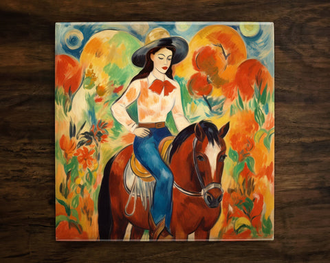 Western Cowgirl Art, on a Glossy Ceramic Decorative Tile, Free Shipping to USA