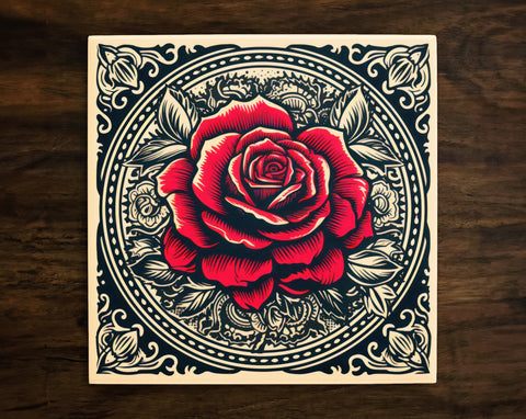 Ornate Design with Rose Art, on a Glossy Ceramic Decorative Tile, Free Shipping to USA