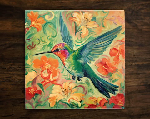 Beautiful Hummingbird Art with Floral Background and Vibrant Colors, on a Glossy Ceramic Decorative Tile, Free Shipping to USA