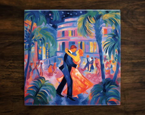 Two Lovers Dancing in a Tropical Paradise Art, on a Glossy Ceramic Decorative Tile, Free Shipping to USA