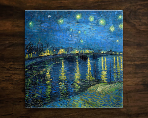 Starry Night Over the Rhone (1888) by Vincent van Gogh, Art on a Glossy Ceramic Decorative Tile, Free Shipping to USA
