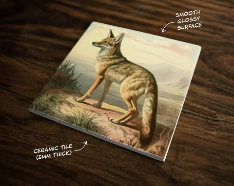 Vintage-Style Illustration | Coyote in Nature Art (#7), on a Glossy Ceramic Decorative Tile, Free Shipping to USA