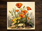 Vintage-Style Illustration | California Poppies | Nature Art (#5), on a Glossy Ceramic Decorative Tile, Free Shipping to USA