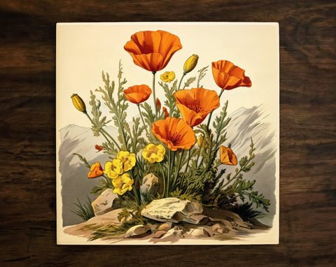 Vintage-Style Illustration | California Poppies | Nature Art (#5), on a Glossy Ceramic Decorative Tile, Free Shipping to USA