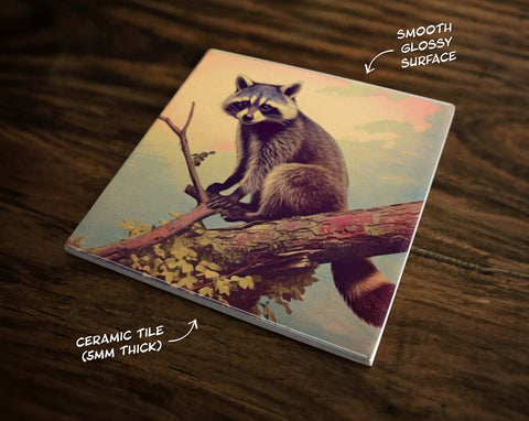 Vintage-Style Illustration | Raccoon in Nature Art (#3), on a Glossy Ceramic Decorative Tile, Free Shipping to USA