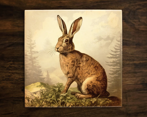 Vintage-Style Illustration | Rabbit (Hare) in Nature Art (#2), on a Glossy Ceramic Decorative Tile, Free Shipping to USA
