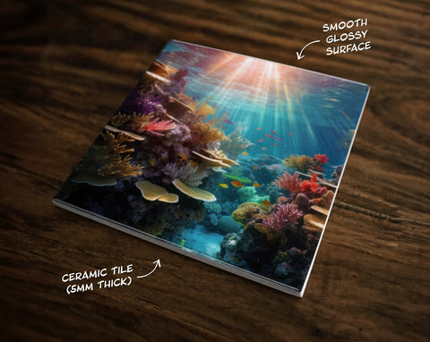 Ocean Scene Under the Sea Art (#2), on a Glossy Ceramic Decorative Tile, Free Shipping to USA