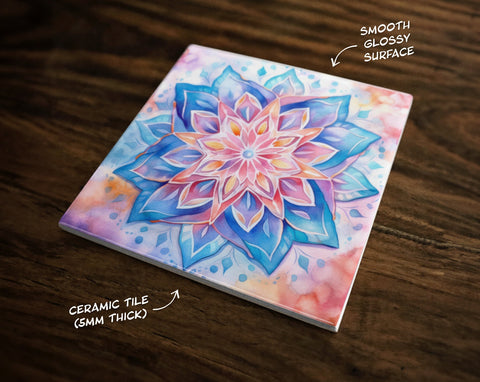 Watercolor Mandala Art, on a Glossy Ceramic Decorative Tile, Free Shipping to USA