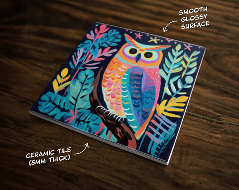 Stylish Owl Art, on a Glossy Ceramic Decorative Tile, Free Shipping to USA