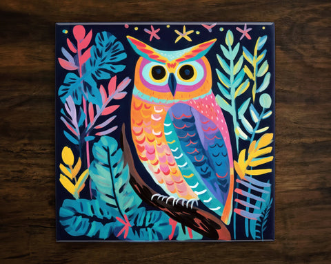 Stylish Owl Art, on a Glossy Ceramic Decorative Tile, Free Shipping to USA