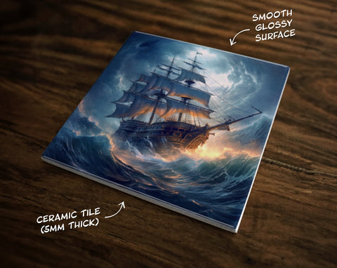 Pirate Ship in a Storm Art, on a Glossy Ceramic Decorative Tile, Free Shipping to USA