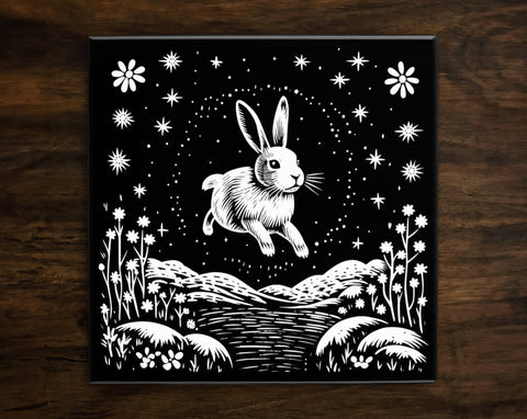 Black & White Running Rabbit Art, on a Glossy Ceramic Decorative Tile, Free Shipping to USA