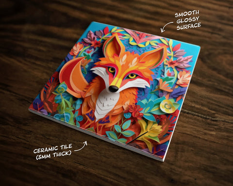 Cute Fox Art, on a Glossy Ceramic Decorative Tile, Free Shipping to USA