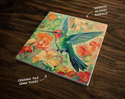 Beautiful Hummingbird Art with Floral Background and Vibrant Colors, on a Glossy Ceramic Decorative Tile, Free Shipping to USA
