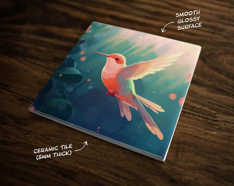 Tranquil Hummingbird Art, on a Glossy Ceramic Decorative Tile, Free Shipping to USA