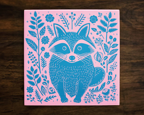 Stylish Blue & Pink Raccoon Art, on a Glossy Ceramic Decorative Tile, Free Shipping to USA