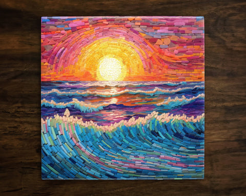 Beautiful Mosaic Inspired Ocean Sunset Art, on a Glossy Ceramic Decorative Tile, Free Shipping to USA