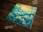Beautifully Stylized Ocean Waves Art, on a Glossy Ceramic Decorative Tile, Free Shipping to USA
