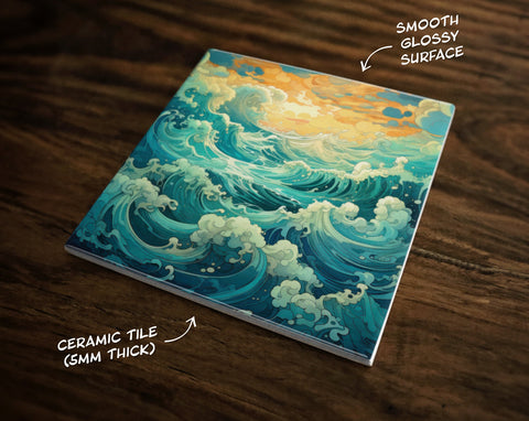 Beautifully Stylized Ocean Waves Art, on a Glossy Ceramic Decorative Tile, Free Shipping to USA
