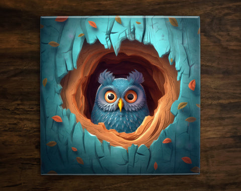 Cute Little Owl in his Tree Home Art, on a Glossy Ceramic Decorative Tile, Free Shipping to USA