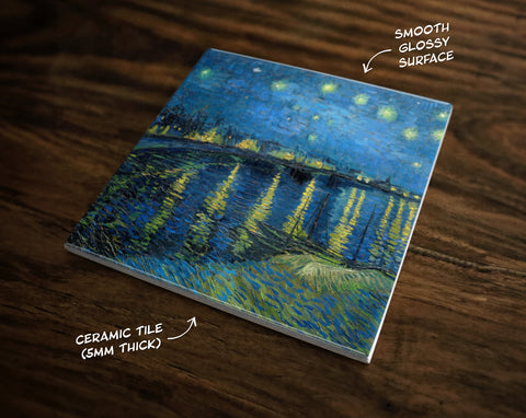 Starry Night Over the Rhone (1888) by Vincent van Gogh, Art on a Glossy Ceramic Decorative Tile, Free Shipping to USA