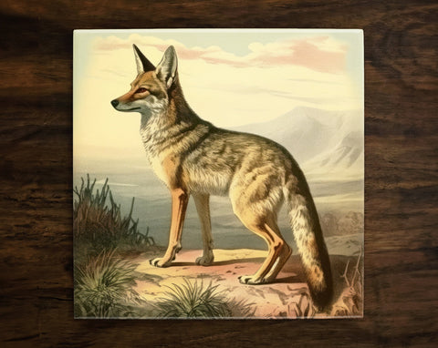 Vintage-Style Illustration | Coyote in Nature Art (#7), on a Glossy Ceramic Decorative Tile, Free Shipping to USA