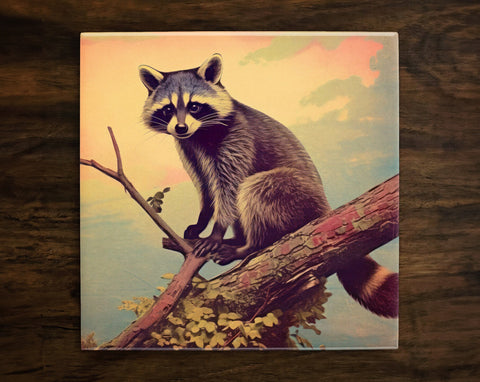 Vintage-Style Illustration | Raccoon in Nature Art (#3), on a Glossy Ceramic Decorative Tile, Free Shipping to USA