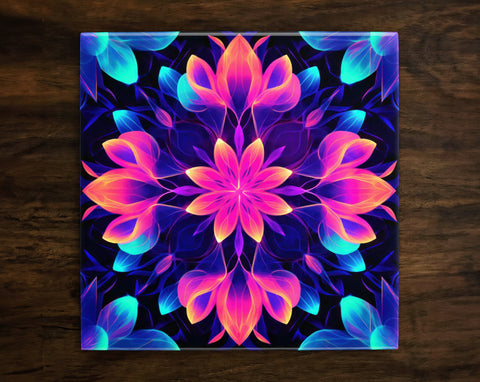Alluring Floral Neon Art, on a Glossy Ceramic Decorative Tile, Free Shipping to USA