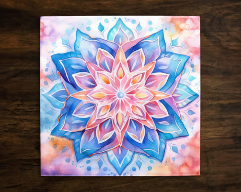 Watercolor Mandala Art, on a Glossy Ceramic Decorative Tile, Free Shipping to USA