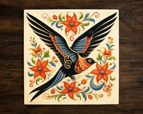 American Traditional Swallow (bird) Art, on a Glossy Ceramic Decorative Tile, Free Shipping to USA