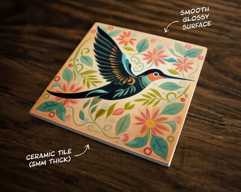 Lovely Hummingbird Art, on a Glossy Ceramic Decorative Tile, Free Shipping to USA