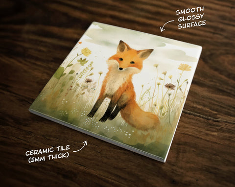 Cute Fox Art, on a Glossy Ceramic Decorative Tile, Free Shipping to USA