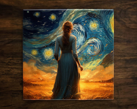 Starry Night Wanderer, Art on a Glossy Ceramic Decorative Tile, Free Shipping to USA