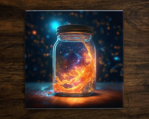 The Universe in a Jar Art, on a Glossy Ceramic Decorative Tile, Free Shipping to USA