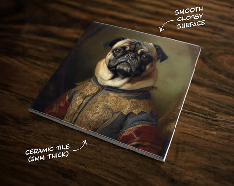 Portrait of a Pug | 17th-Century Inspired Art (#1), on a Glossy Ceramic Decorative Tile, Free Shipping to USA