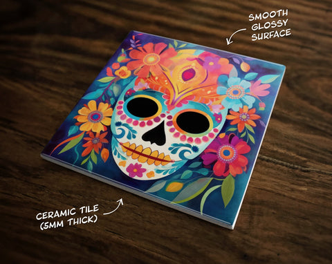 Day of the Dead | Día de Muertos Art (#4), on a Glossy Ceramic Decorative Tile, Free Shipping to USA