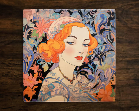 Art Nouveau Style Portrait | 1920s & Art Deco Inspired (#1), on a Glossy Ceramic Decorative Tile, Free Shipping to USA