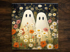 Two Cute Ghosts in a Field of Flowers, Art on a Glossy Ceramic Decorative Tile, Free Shipping to USA