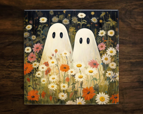 Two Cute Ghosts in a Field of Flowers, Art on a Glossy Ceramic Decorative Tile, Free Shipping to USA