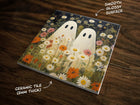 Two Cute Ghosts in a Field of Flowers, Art on a Glossy Ceramic Decorative Tile, Free Shipping to USA