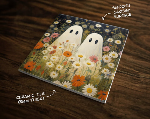 Two Cute Ghosts in a Field of Flowers, Art on a Glossy Ceramic Decorative Tile, Free Shipping to USA