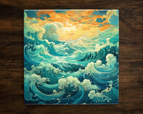 Beautifully Stylized Ocean Waves Art, on a Glossy Ceramic Decorative Tile, Free Shipping to USA