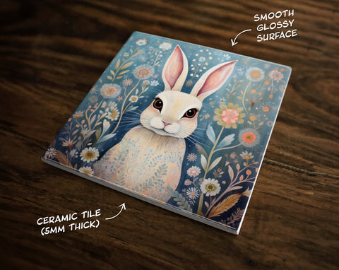 Enchanting Rabbit Haven, Art on a Glossy Ceramic Decorative Tile, Free Shipping to USA