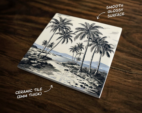Vintage Style Tropical Island Art, on a Glossy Ceramic Decorative Tile, Free Shipping to USA