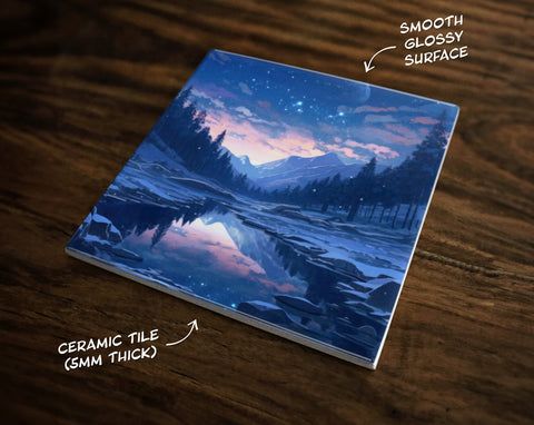 Nighttime Winter Snowy Landscape | Wonders of Nature Art (#3), on a Glossy Ceramic Decorative Tile, Free Shipping to USA