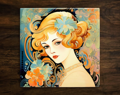 Art Nouveau Style Portrait | 1920s & Art Deco Inspired (#2), on a Glossy Ceramic Decorative Tile, Free Shipping to USA