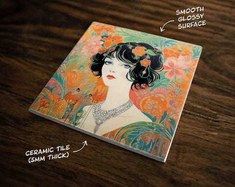 Art Nouveau Style Portrait | 1920s & Art Deco Inspired (#3), on a Glossy Ceramic Decorative Tile, Free Shipping to USA