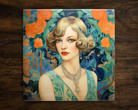 Art Nouveau Style Portrait | 1920s & Art Deco Inspired (#4), on a Glossy Ceramic Decorative Tile, Free Shipping to USA
